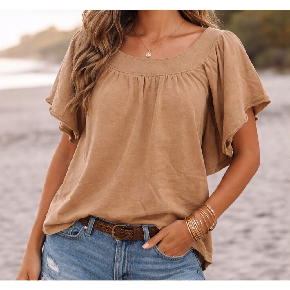 Free People Cafe Brown Butterfly Sleeve Top Heavyweight Cotton Terry - Size XS
